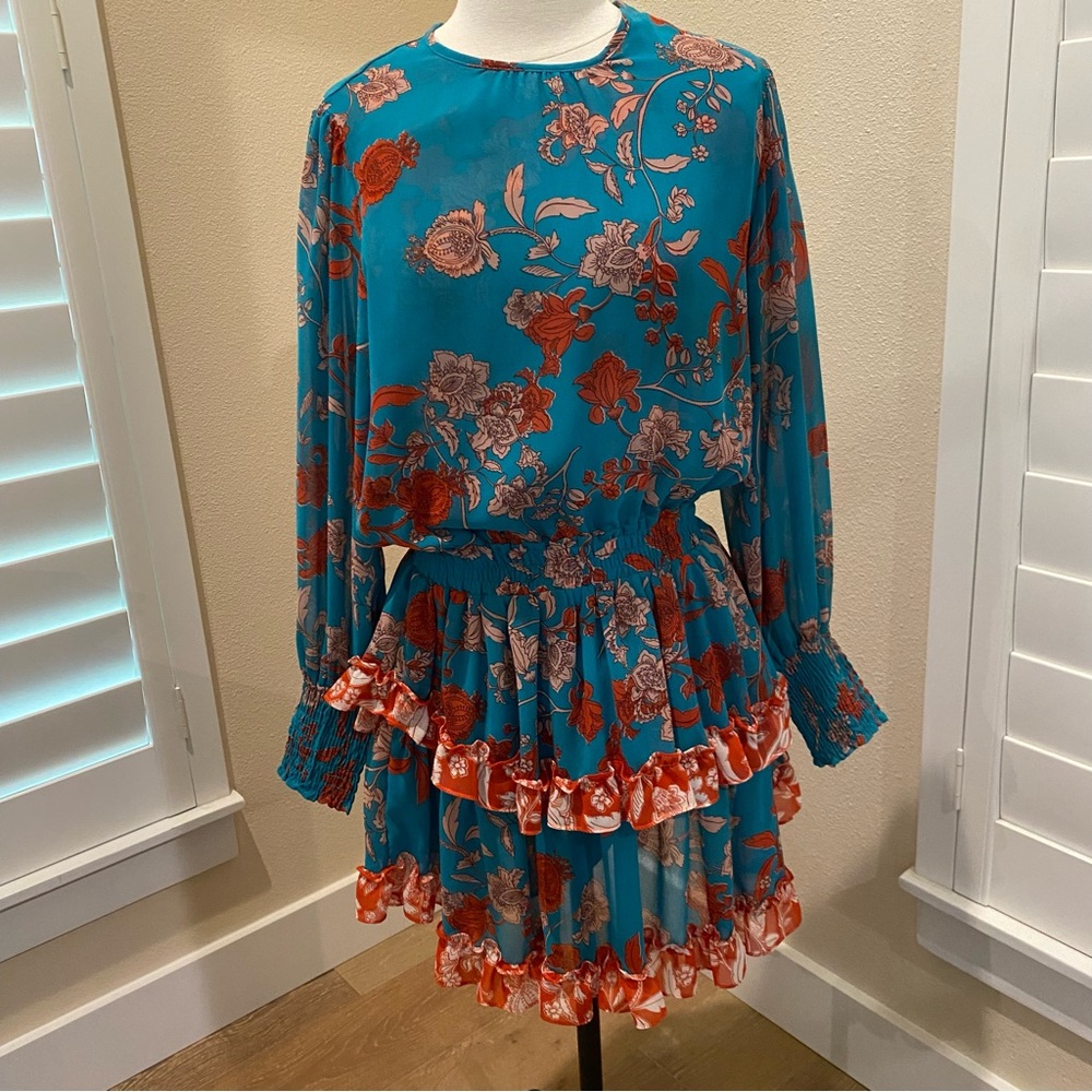 Misa Los Angeles Dress Short Ruffle Skirt Long Sleeves Elastic Waist Blue Medium